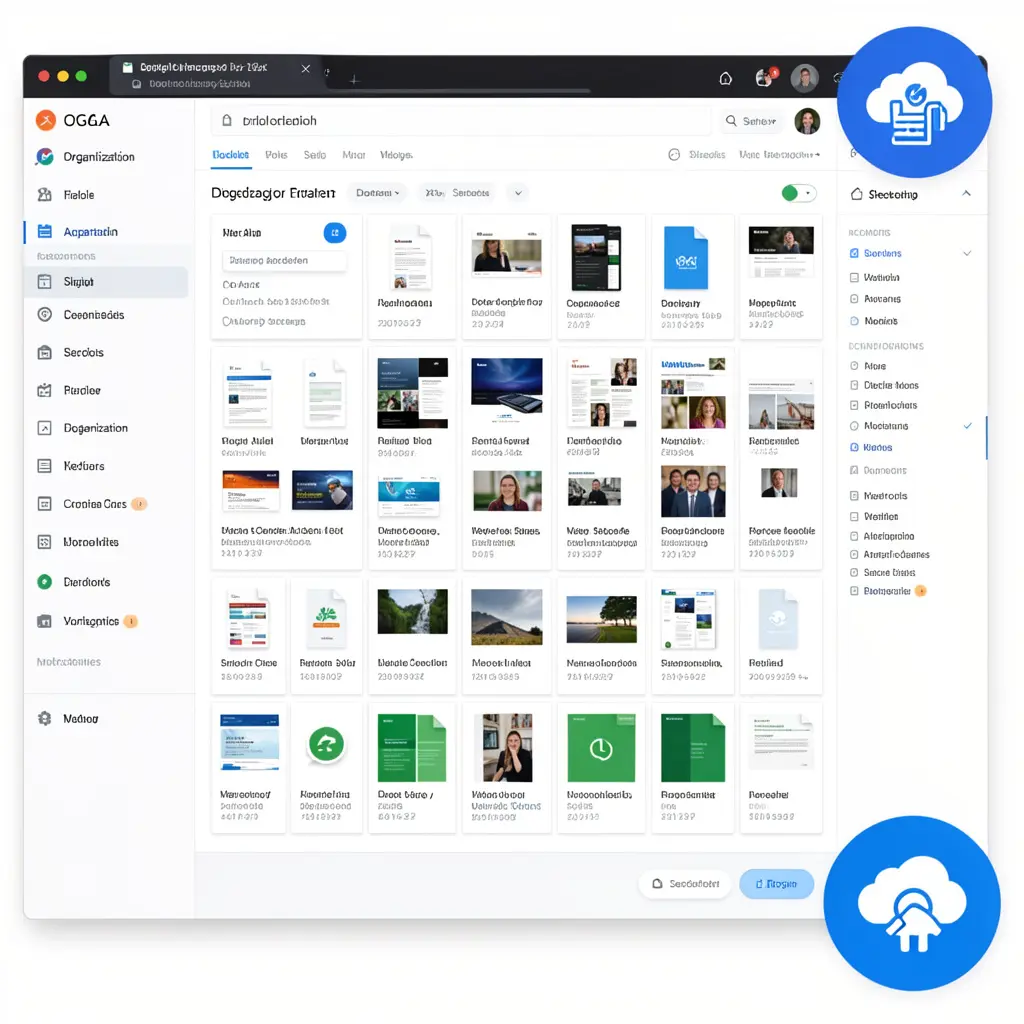 Digital organization workspace with organized files and cloud storage